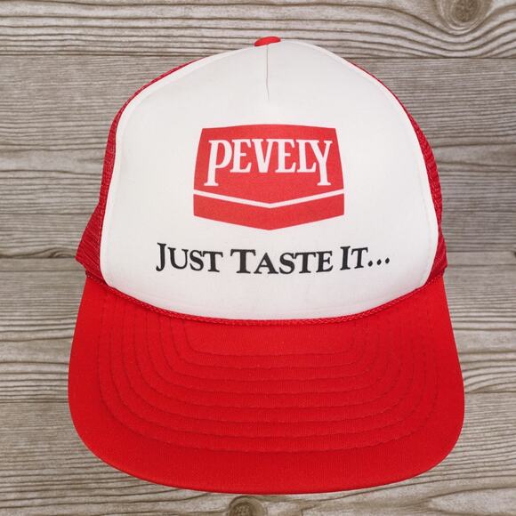 Vintage Pevely Hat Cap Snap Back Red White Trucker Mesh Advertising Mens 80s - Picture 1 of 9